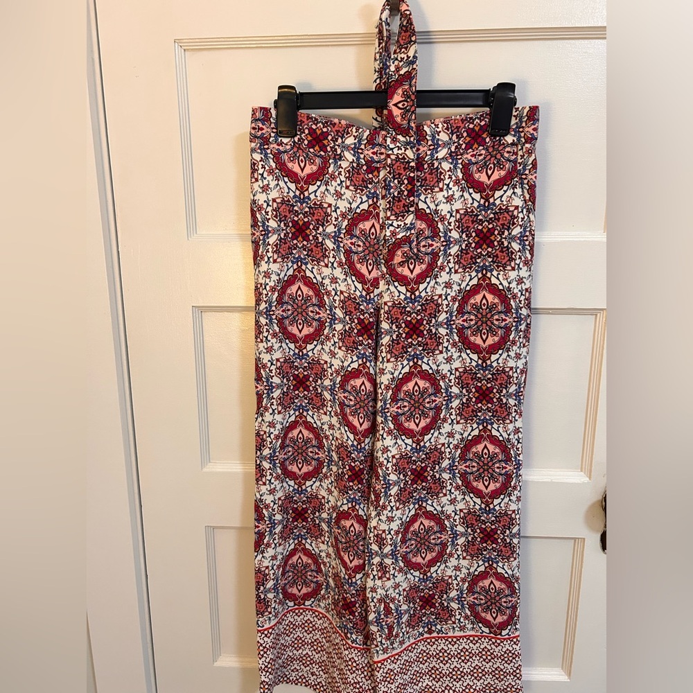 LOFT Red and White Patterned Pants with Waist Tie